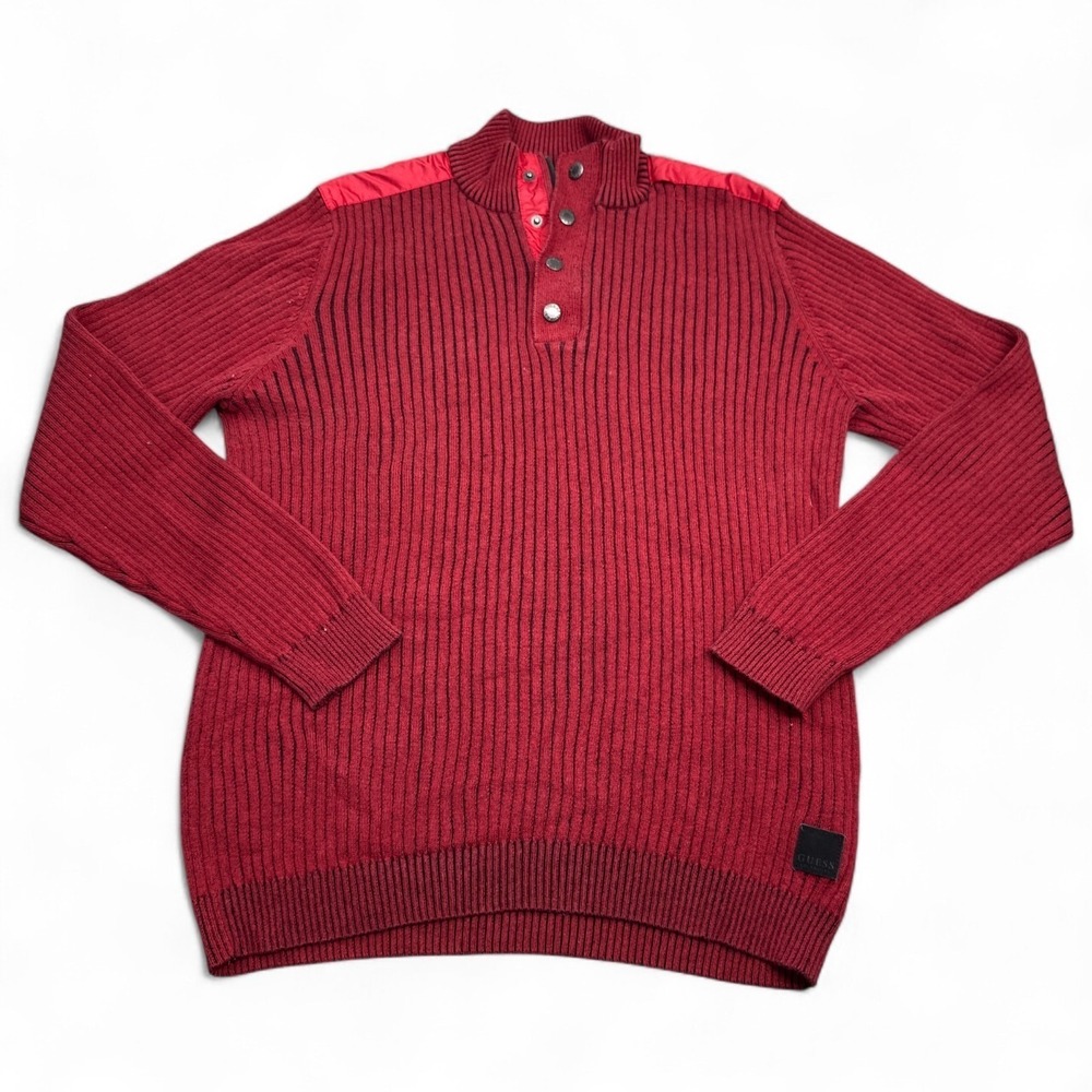 GUESS‎ Heavyweight Sweater Mens Size Large Red 1/4 Zip Snap Button Casual